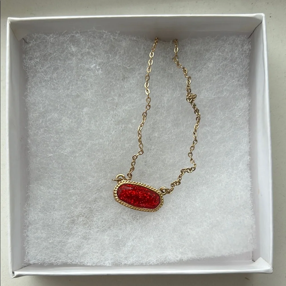 Gold Chain Necklace with Red Sparkle Pendant